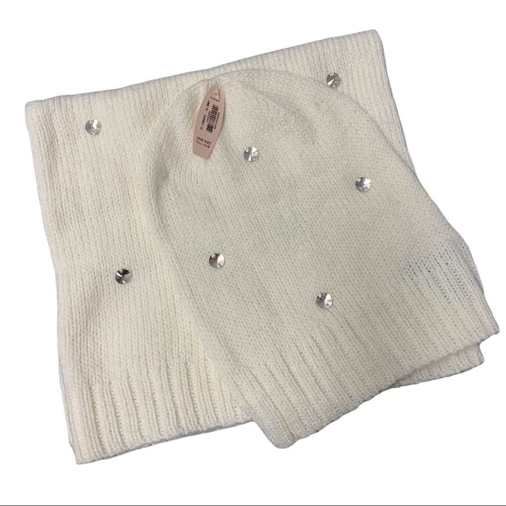 NWT Victoria Secret Neck Warmer Hat Toque Gem  Embellished White Winter Set OS